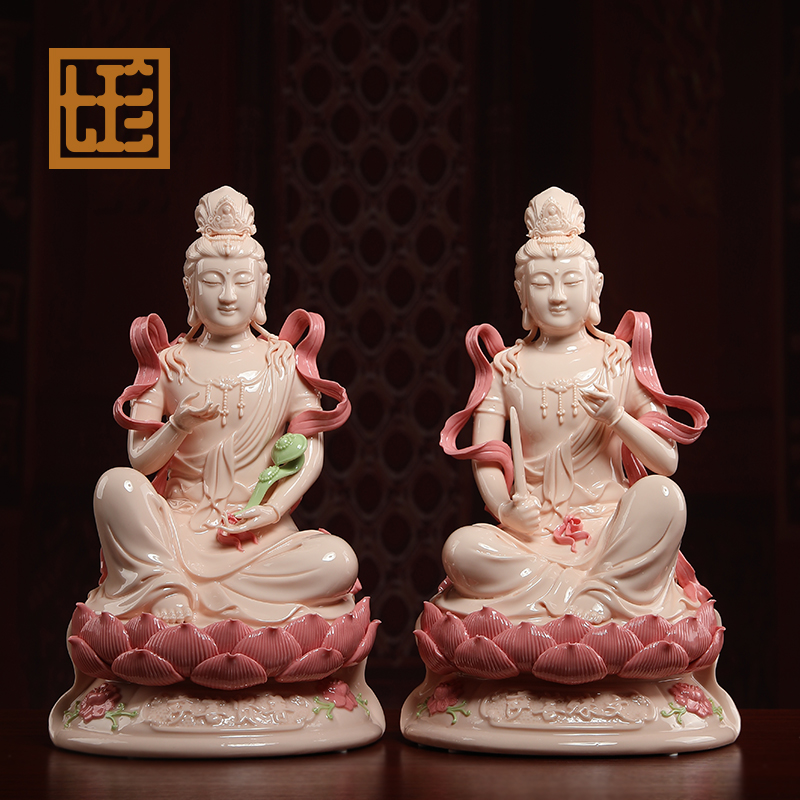 七珍 陶瓷佛像《14吋文殊普贤菩萨 玉红瓷》家用供奉 家居装饰品