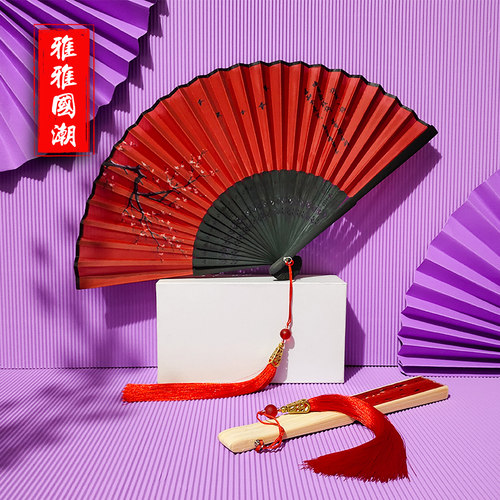 6寸绢布舞蹈折叠小竹扇