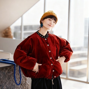 冬季新款文艺复古原创女装休闲简约棉氨纶圆领保暖平绒南瓜羽绒服