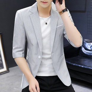 中袖 休闲韩版 夏季 男士 小西服 西装 潮流帅气修身 薄款 单件上衣七分袖