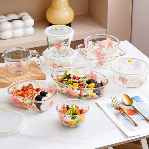家用高硼硅樱花饭碗汤碗保鲜盒保鲜碗汤桶耐高温公办带饭玻璃餐具
