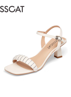 KISS CAT/接吻猫夏季羊皮粗高跟鞋方头水钻后空凉鞋女KA43350-80