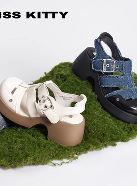 KISSKITTY夏季厚底包头罗马鞋粗高跟镂空复古猪笼凉鞋SA54148-36