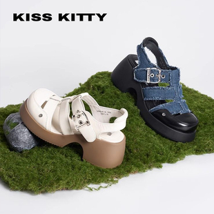 KISSKITTY夏季厚底包头罗马鞋粗高跟镂空复古猪笼凉鞋SA54148-36