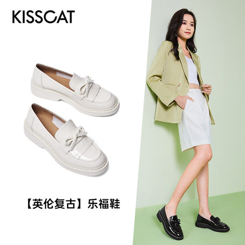接吻猫牛皮粗跟蝴蝶结乐福鞋