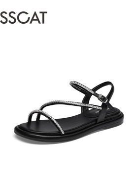 KISS CAT/接吻猫夏季新款水钻一字扣带平底沙滩凉鞋女KA54310-14