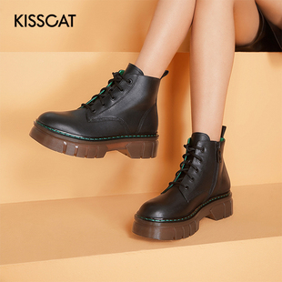 牛皮圆头系带侧拉链马丁靴女KA32742 接吻猫秋冬新款 CAT KISS