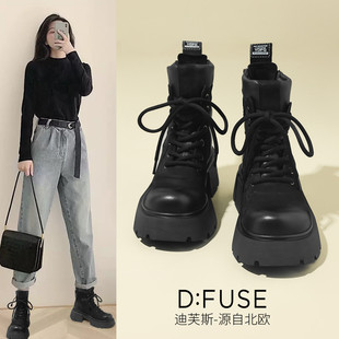 迪芙斯冬季 D：Fuse 牛皮拼接马丁靴厚底保暖加绒短靴女DF3311860F