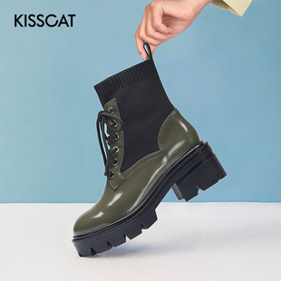 接吻猫秋冬牛皮圆头系带增高厚底马丁靴女KA32557 KISS CAT