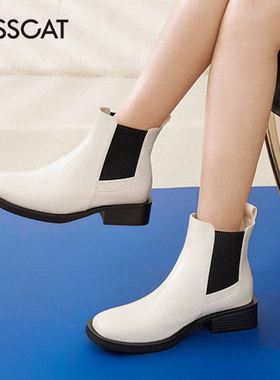 KISS CAT/接吻猫秋冬牛皮烟筒靴方头粗跟切尔西靴女KA21509-10