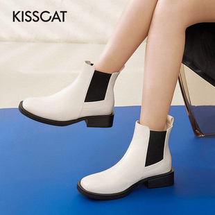 接吻猫秋冬牛皮烟筒靴方头粗跟切尔西靴女KA21509 KISS CAT