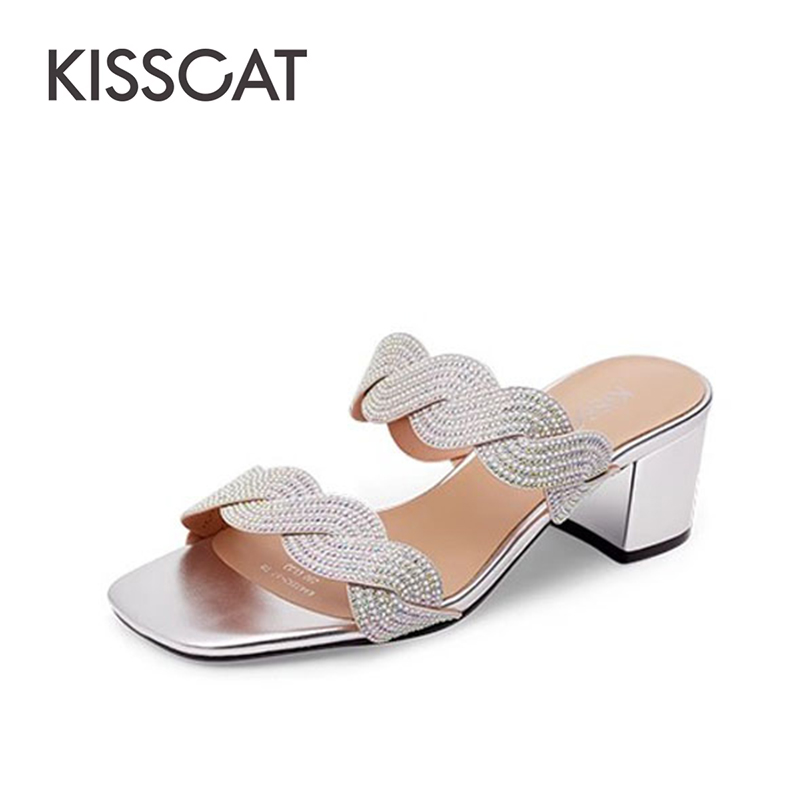 接吻猫水钻方头粗高跟凉鞋