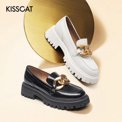 接吻猫牛皮厚底增高乐福鞋