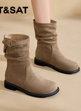 St&Sat/星期六秋冬西部牛仔靴复古中筒靴圆头堆堆靴女SSC4116CFF