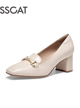 KISS CAT/接吻猫春秋牛漆皮方头乐福鞋粗高跟小皮鞋女KA43504-10