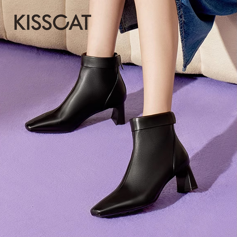 接吻猫羊皮后拉链通勤时装短靴女