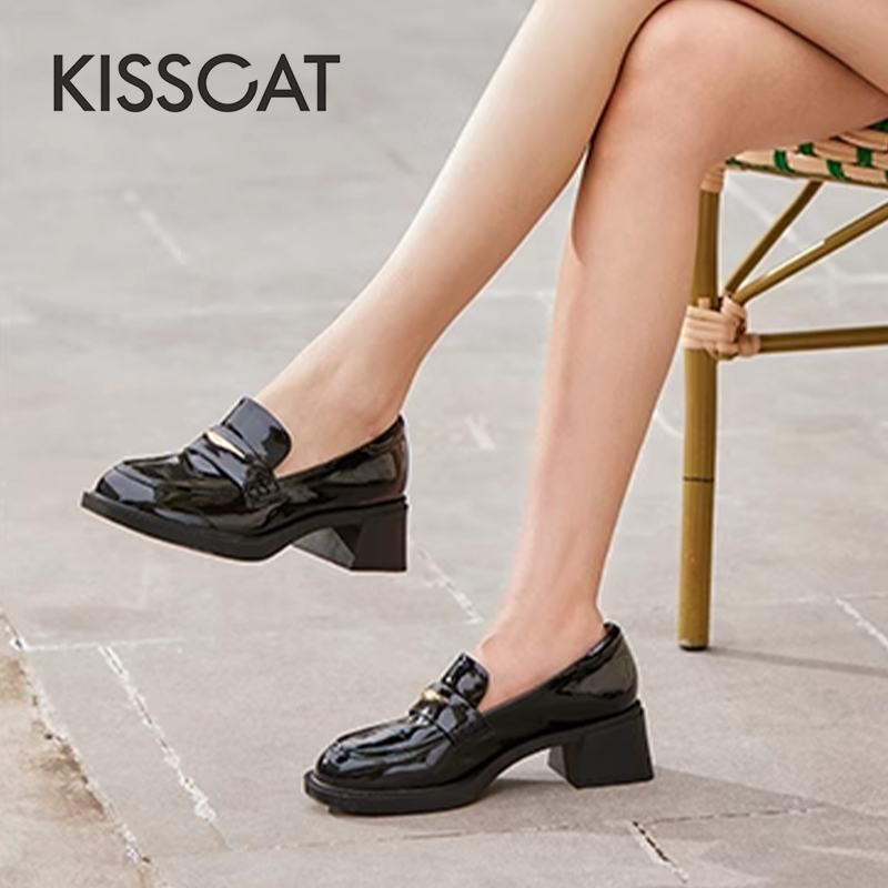 接吻猫时尚粗跟金属中口乐福鞋女