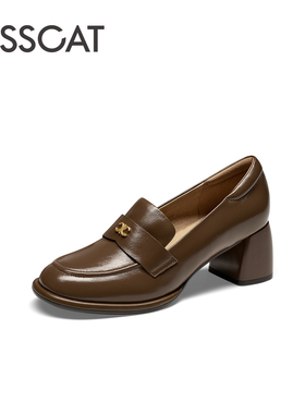 KISS CAT/接吻猫春秋羊皮乐福鞋一脚蹬粗高跟单鞋女KA54101-10