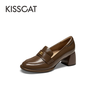 KISS CAT/接吻猫春秋羊皮乐福鞋一脚蹬粗高跟单鞋女KA54101-10