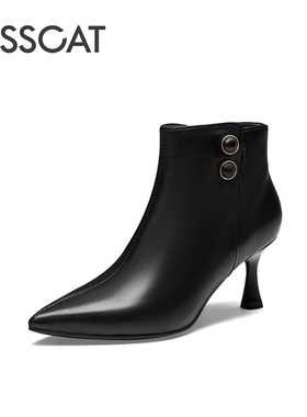 KISS CAT/接吻猫秋冬尖头羊皮侧拉链细高跟时装短靴女KA43715-11