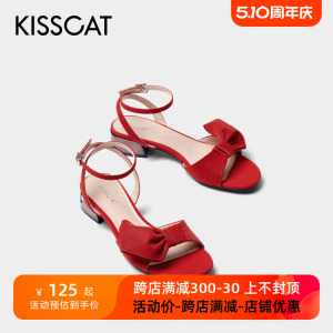 KISS CAT/接吻猫夏款蝴蝶结一字扣带丝绸羊皮凉鞋女鞋KA21302-10