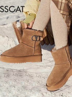 KISS CAT/接吻猫冬季牛反绒圆头厚底保暖绒里雪地靴女KA43788-51