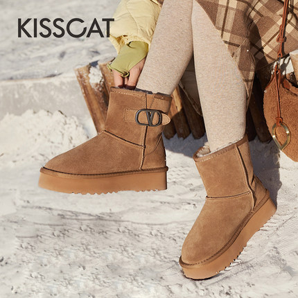 KISS CAT/接吻猫冬季牛反绒圆头厚底保暖绒里雪地靴女KA43788-51