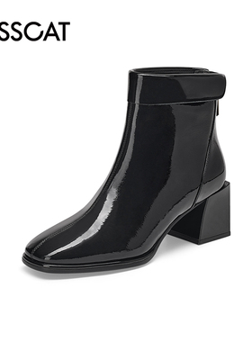 KISS CAT/接吻猫秋冬牛皮方头后拉链粗高跟时装靴女KA32513-11