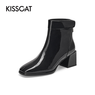 KISS CAT/接吻猫秋冬牛皮方头后拉链粗高跟时装靴女KA32513-11