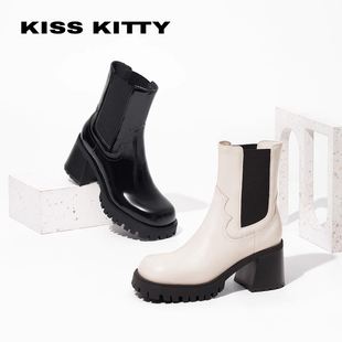 KISSKITTY秋冬牛皮拼接烟筒靴方头粗高跟时装短靴女SA43506-82