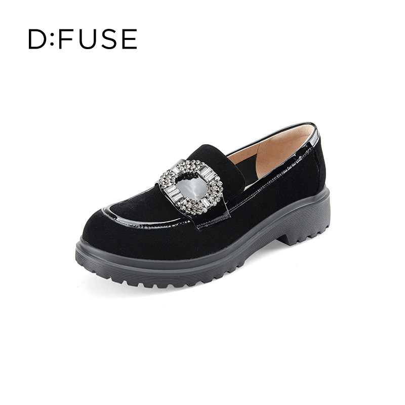 D：Fuse/迪芙斯春秋天鹅绒面水钻圆头厚底乐福鞋单鞋女DF33112066