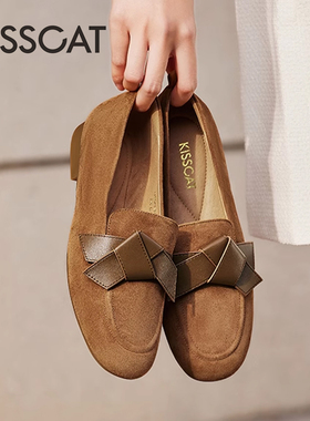 KISS CAT/接吻猫春秋羊反绒圆头一脚蹬低跟乐福单鞋女KA54201-51