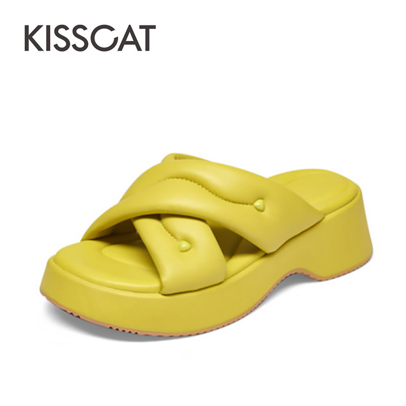 接吻猫羊皮厚底一字型凉拖鞋