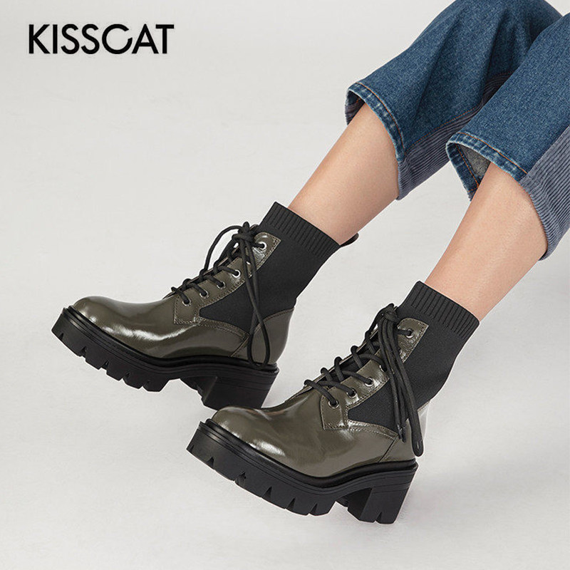 KISS CAT/接吻猫秋冬牛皮圆头系带增高厚底马丁靴女KA32557-50,女鞋,马丁靴,淘宝优惠券,粉丝福利购,淘宝优惠卷