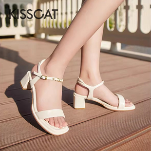 KISS CAT/接吻猫夏季羊皮一字带粗高跟露趾时装凉鞋女KA54317-11