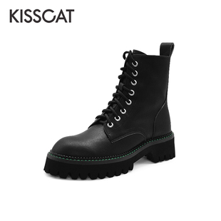 接吻猫秋冬牛皮马丁靴增高厚底侧拉链短靴女KA32567 KISS CAT