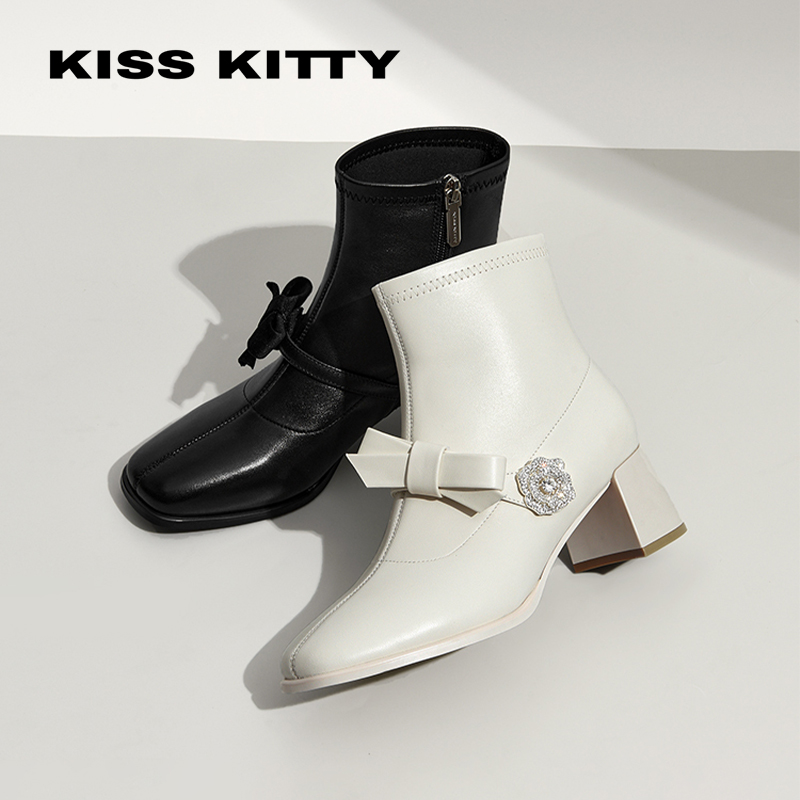 KISSKITTY优雅蝴蝶结侧拉链短靴