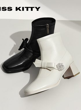 KISSKITTY秋冬羊皮蝴蝶结时装靴方头粗高跟时装短靴女SA54750-36