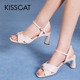 CAT 接吻猫夏季 羊皮方头一字带粗高跟露趾凉鞋 KISS 女KA43320