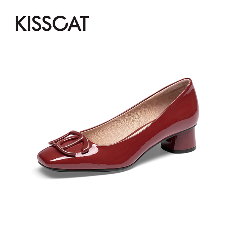 KISS CAT/接吻猫春秋牛漆皮蝴蝶结方头浅口低跟单鞋女KA52102-12
