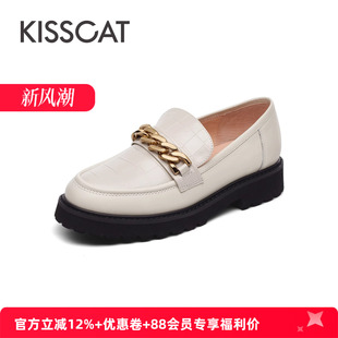 女KA21680 KISS 厚底乐福鞋 接吻猫春秋压纹牛皮圆头小皮鞋 CAT