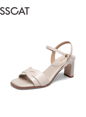 KISS CAT/接吻猫夏季羊皮方头一字带粗高跟露趾凉鞋女KA54315-13