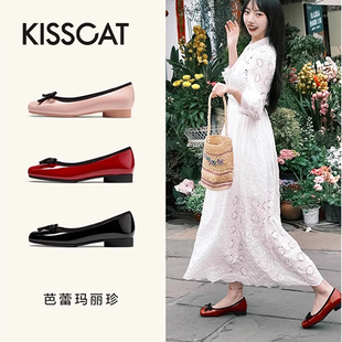 KISS CAT/接吻猫春秋牛皮方头蝴蝶结低跟芭蕾舞单鞋女KA54128-13