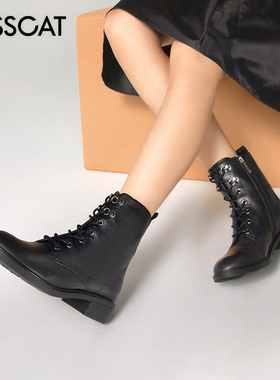 KISS CAT/接吻猫秋冬羊皮马丁靴侧拉链圆头粗跟短靴女KA32519-13
