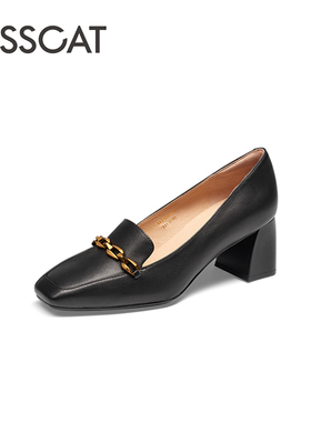 KISS CAT/接吻猫春秋羊皮方头一脚蹬粗高跟通勤单鞋女KA54103-10