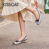 CAT 接吻猫春秋新款 蝴蝶结浅口粗高跟芭蕾单鞋 KISS 女KA54112