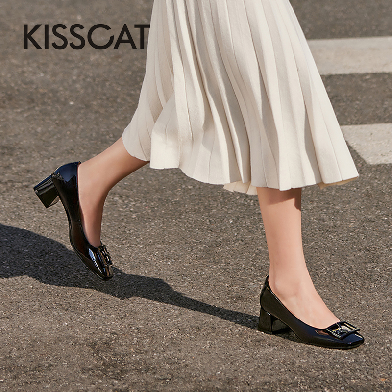 接吻猫牛皮方头粗跟通勤单鞋女