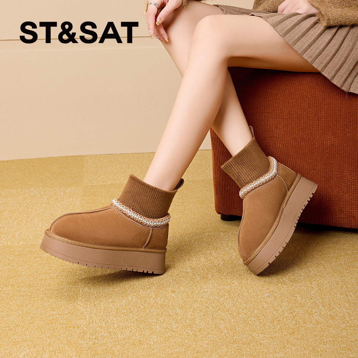 St&Sat/星期六冬季圆头拼接套筒保暖绒里厚底雪地靴女SSC4118CT2,女鞋,时尚雪地靴,淘宝优惠券,粉丝福利购,淘宝优惠卷