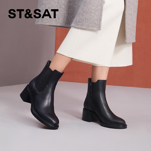 接吻猫秋冬牛皮圆头切尔西靴粗高跟烟筒靴女KA43706 KISS CAT