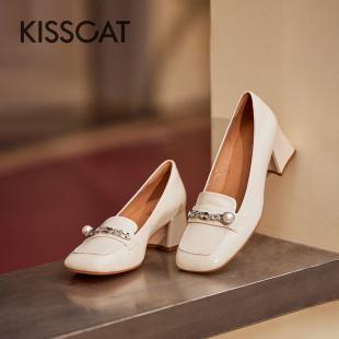 KISS CAT/接吻猫春秋小皮鞋方头高跟单鞋羊皮乐福鞋女KA54135-10